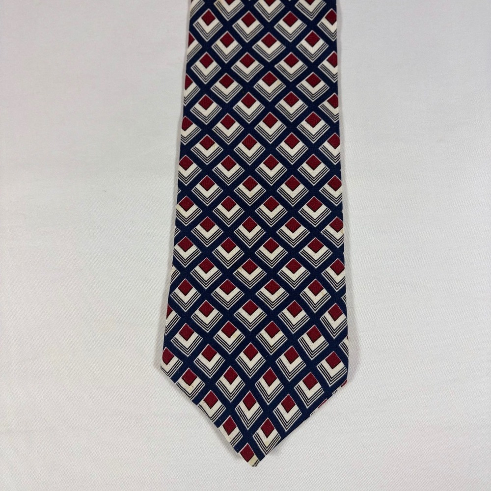 Vtg John Henry Silk Tie Navy Blue Burgundy‎ Red Geometric Diamond Pattern 90s